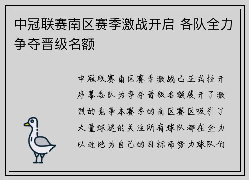 中冠联赛南区赛季激战开启 各队全力争夺晋级名额