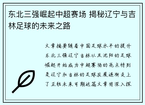 东北三强崛起中超赛场 揭秘辽宁与吉林足球的未来之路