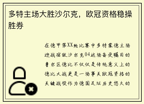 多特主场大胜沙尔克，欧冠资格稳操胜券
