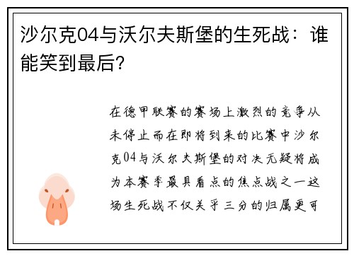 沙尔克04与沃尔夫斯堡的生死战：谁能笑到最后？